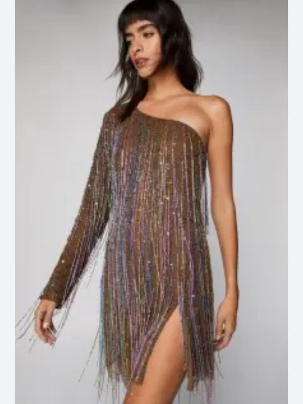 Nasty Gal Multi-Color Beaded Fringe Mini Dress on Brown Mesh